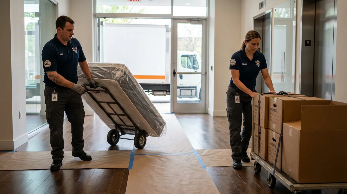 Professional apartment movers loading elevator in Parsons, TN