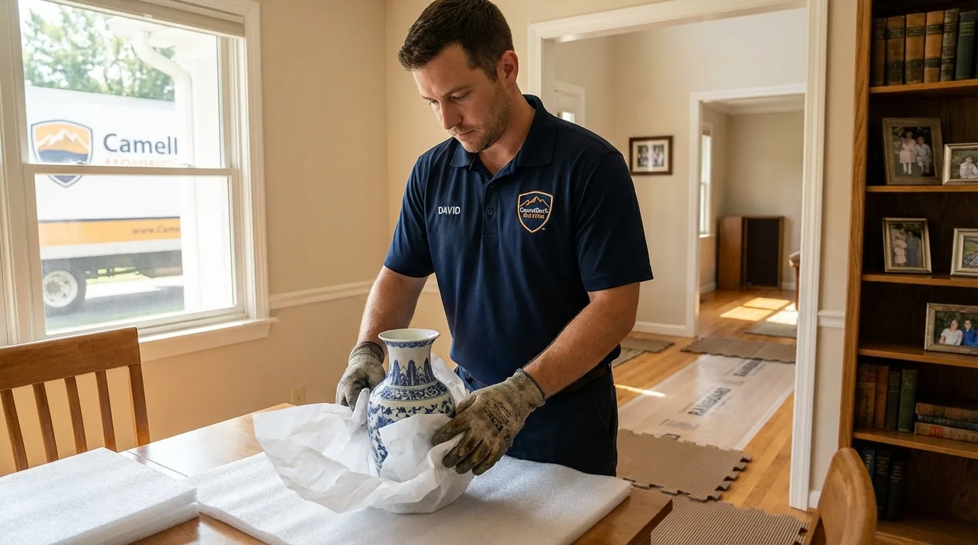 Professional crew carefully wrapping antique vase for senior downsizing move in Parsons, TN